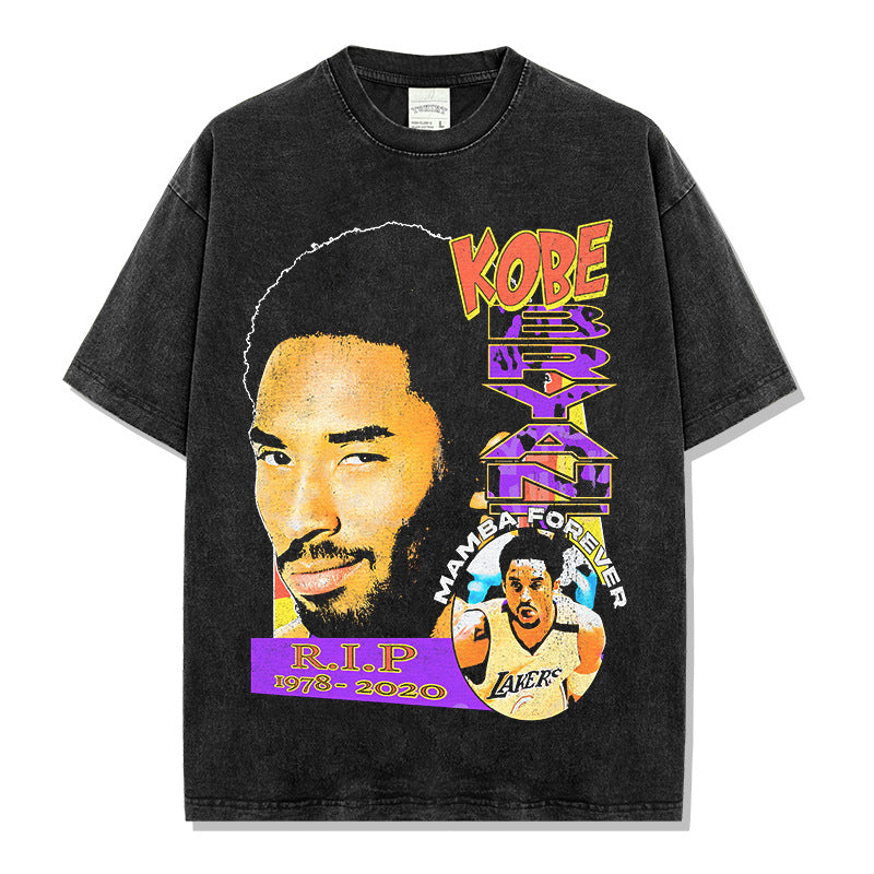 Simple retro Kobe printed short-sleeved T-shirt g high street washed loose heavy cotton small neckline t