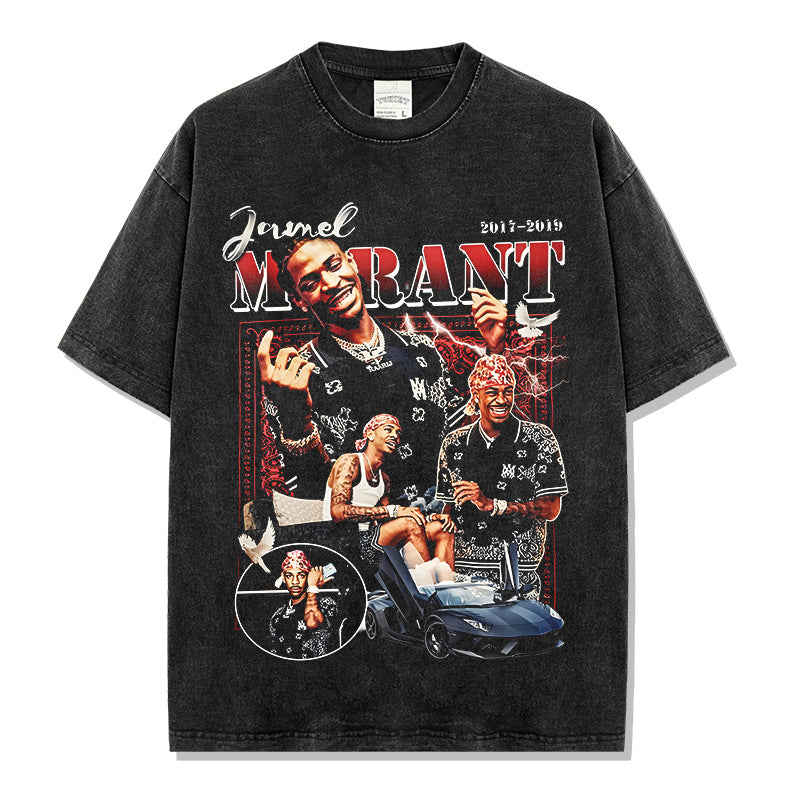 Vintage Morant Printed Short Sleeve T-Shirt Vintage Washed Heavy Cotton Small Neckline