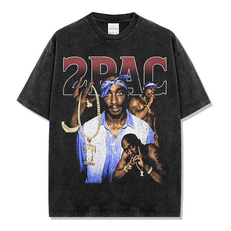 Hip hop tupac print short sleeve t-shirt washed distressed long sleeve loose casual heavy hooded sweatshirt