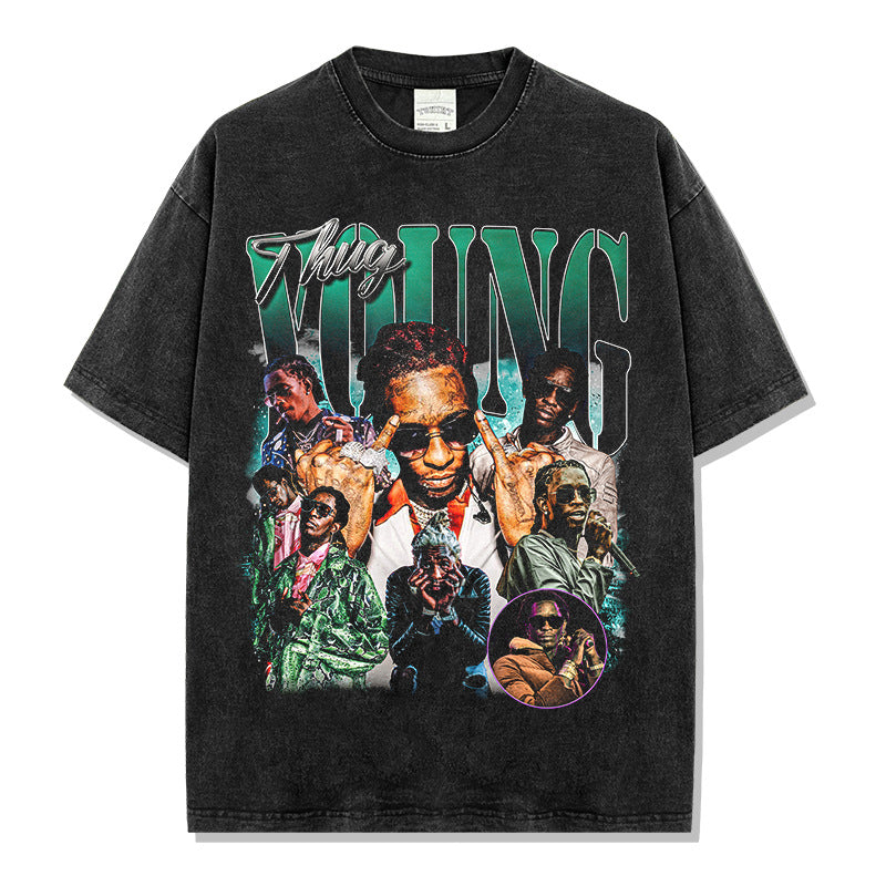 Vintage Hip Hop Young Thug Printed Short Sleeve T-Shirt Washed Long Sleeve Loose Hooded Sweater Men