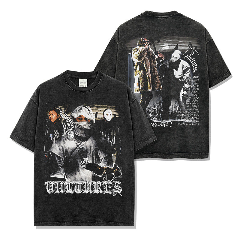 Vintage Kanye Kanye Double-Sided Printed Short Sleeve T-Shirt High Street Washed Long Sleeve Heavy Hooded Sweater