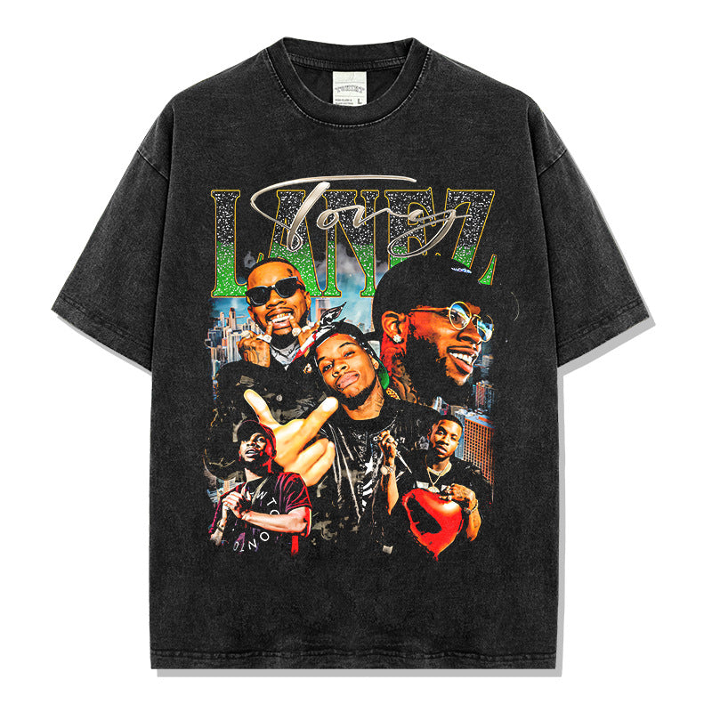 Hip Hop Lines Tory Lanez print short sleeve T-shirt washed long sleeve loose hooded sweatshirt