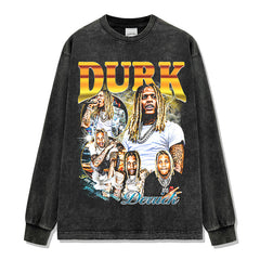 Lil Durk Print Washed Short Sleeve T-Shirt Crew Neck Long Sleeve Hooded Sweater Men
