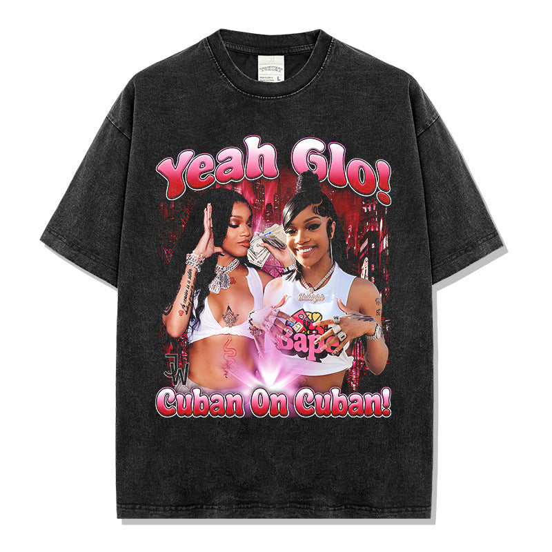 Vintage GloRilla Printed Short Sleeve T-Shirt Washed Heavy Cotton Small Neckline Tide T