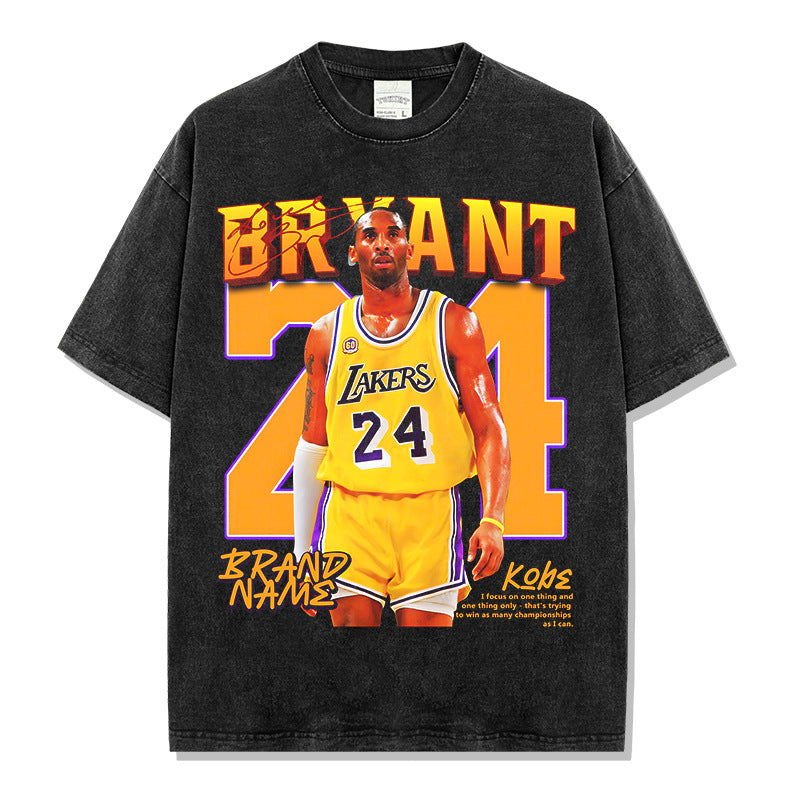 Retro kobe trend printed short-sleeved T-shirt washed and old round neck heavy cotton small neckline trendy t