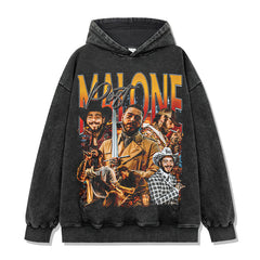 Ma Long Post Malone Printed Short Sleeve T-Shirt Washed Long Sleeve Loose Heavy Hooded Sweater Men