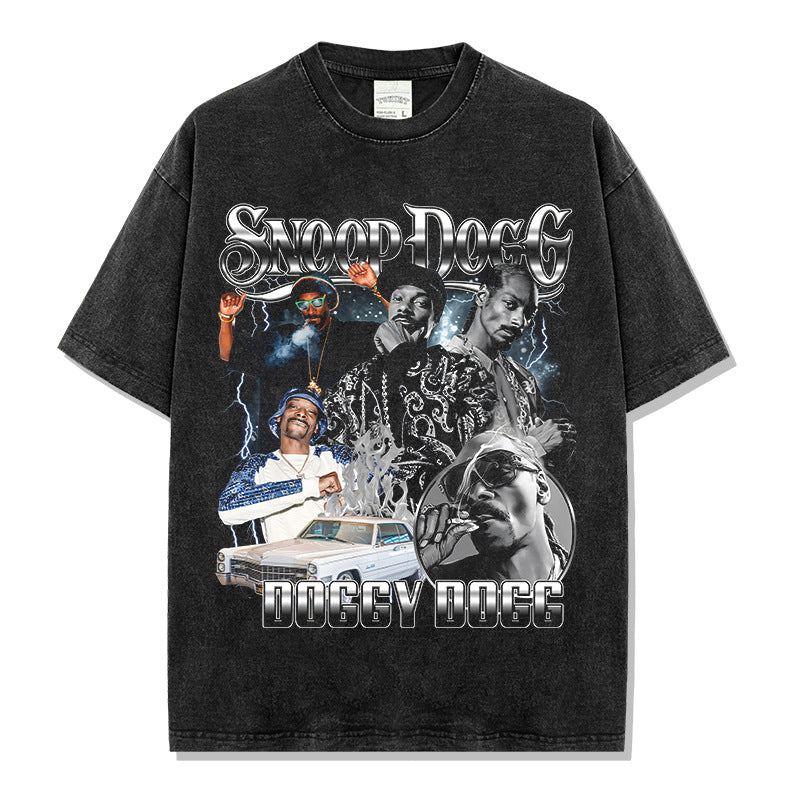 Vintage Snoop Dogg Printed T-Shirt Vintage Washed Loose Heavy Crew Neck Short Sleeves