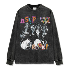 Hip Hop A $AP Rocky Printed Short Sleeve T-Shirt Washed Long Sleeve Loose Blockbuster Hooded Sweater Men