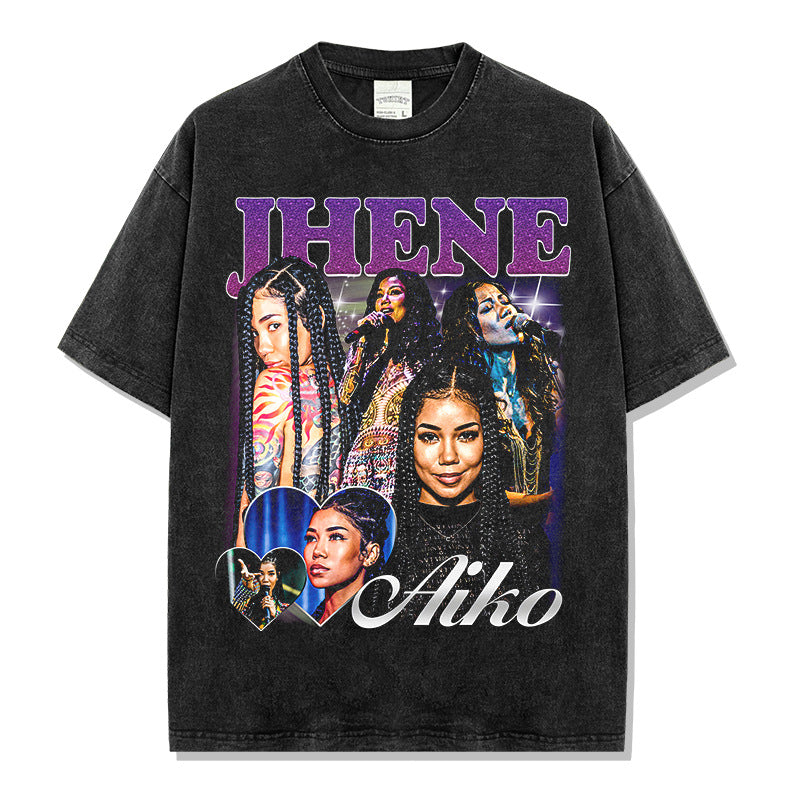 Jhen¨¦ Aiko Printed Short Sleeve T-Shirt Washed Old Long Sleeve Loose Casual Hooded Sweater Men