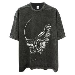 Vintage Alien Xenomorph Printed T-Shirt Vintage Washed Loose Heavy Crew Neck Short Sleeve