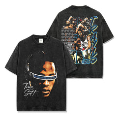 Hip Hop Travis Scott Printed TS Washed Short Sleeve T-Shirt Crew Neck Loose Hooded Sweater Men