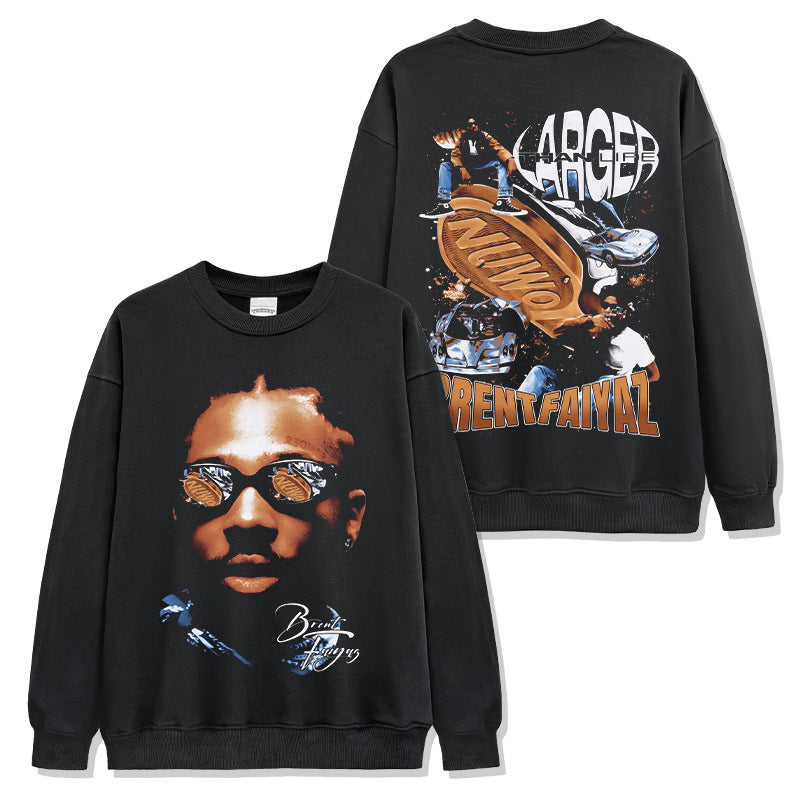 Hip Hop Brent Faiyaz Printed Short Sleeve T-Shirt Washed Long Sleeve Loose Hooded Sweater