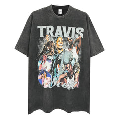 Vintage hip hop travis scott print short sleeve washed round neck heavy cotton small neckline t