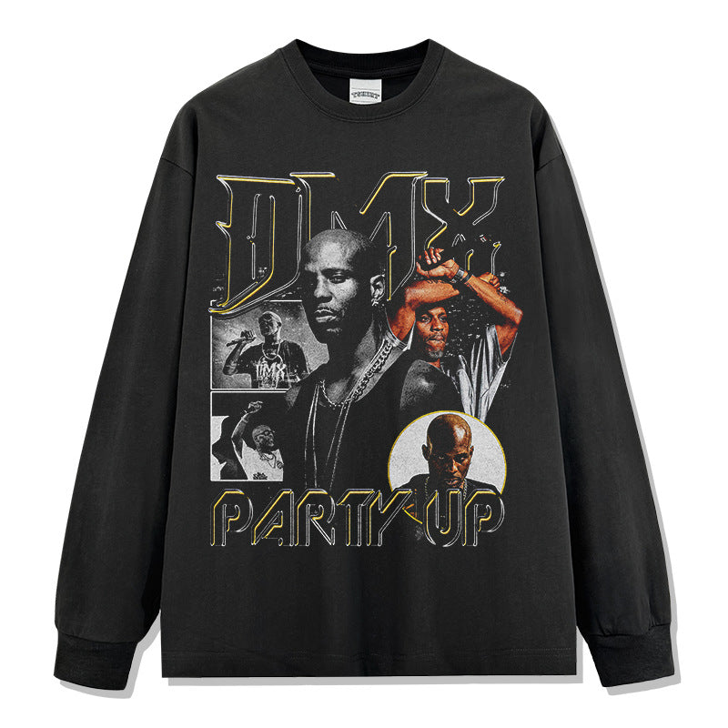DMX Earl Simmons Printed Short Sleeve T-Shirt Washed Long Sleeve Loose Casual Hooded Sweater