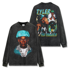 Hip Hop Tyler the Creator Printed Washed Short Sleeve T-Shirt Casual Crew Neck Loose Hooded Sweater
