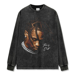 Hip hop travis scott print wash short sleeve t-shirt crew neck long sleeve loose hooded sweater