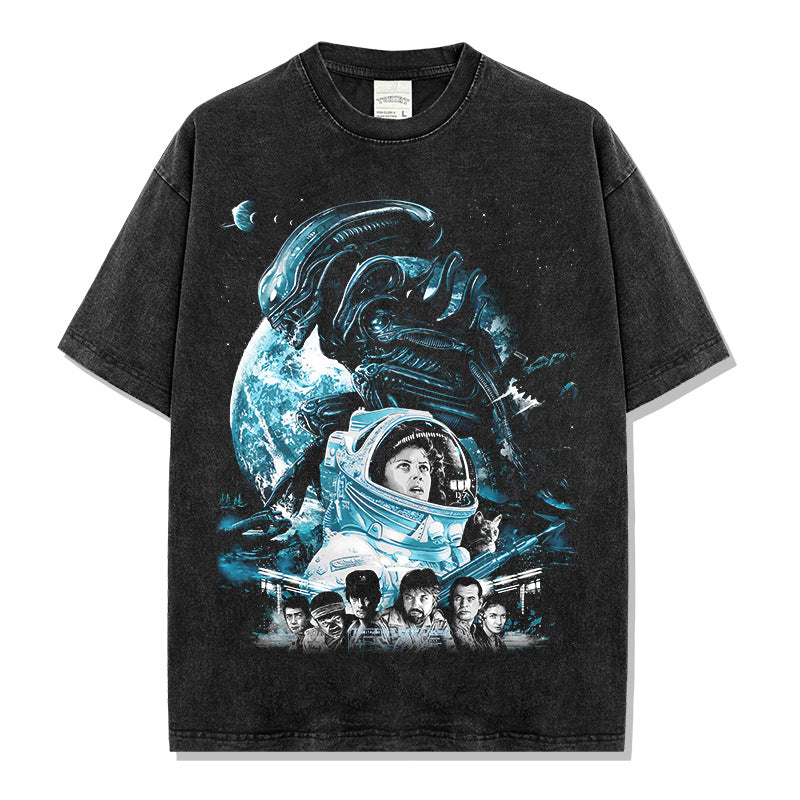 Vintage Alien Xenomorph Printed T-Shirt Vintage Cotton Loose Casual Short Sleeve T