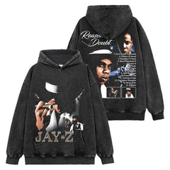Retro hip-hop JAY-Z reversible print short sleeve t-shirt washed long sleeve loose hooded sweatshirt