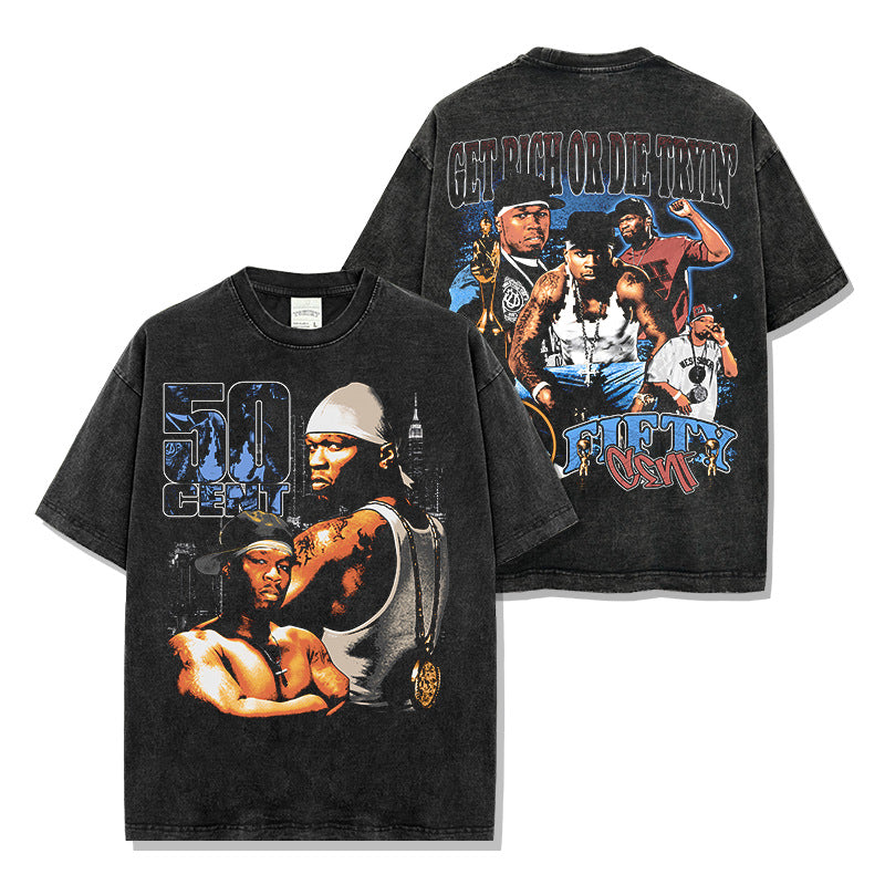 Vintage 50CENT Printed Short Sleeve T-Shirt Vintage Loose Heavyweight Crew Neck Hooded Sweater For Men And Women