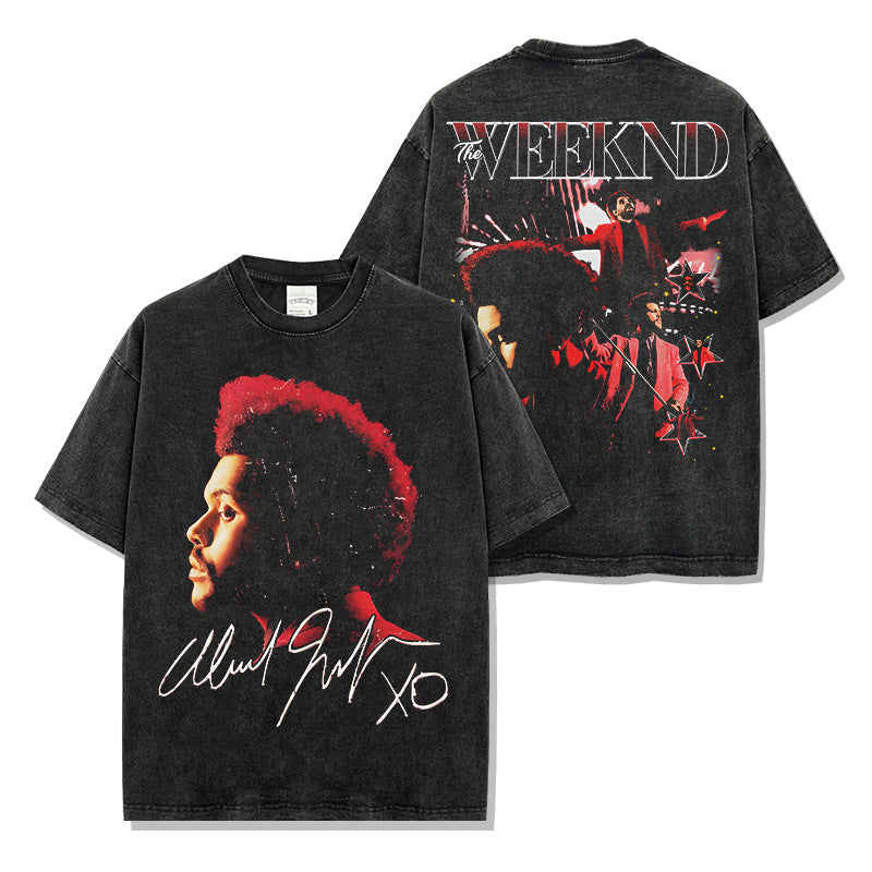 Hip Hop Bonsai Brother The Weeknd Double Sided Printed Short Sleeve T-Shirt Loose Crew Neck Hooded Sweater