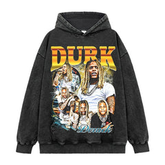 Lil Durk Print Washed Short Sleeve T-Shirt Crew Neck Long Sleeve Hooded Sweater Men