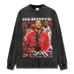 Vintage Derrick Print Short Sleeve T-Shirt Washed Distressed Long Sleeve Crew Neck Loose Hooded Sweatshirt