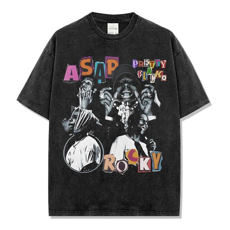 Hip Hop A $AP Rocky Printed Short Sleeve T-Shirt Washed Long Sleeve Loose Blockbuster Hooded Sweater Men