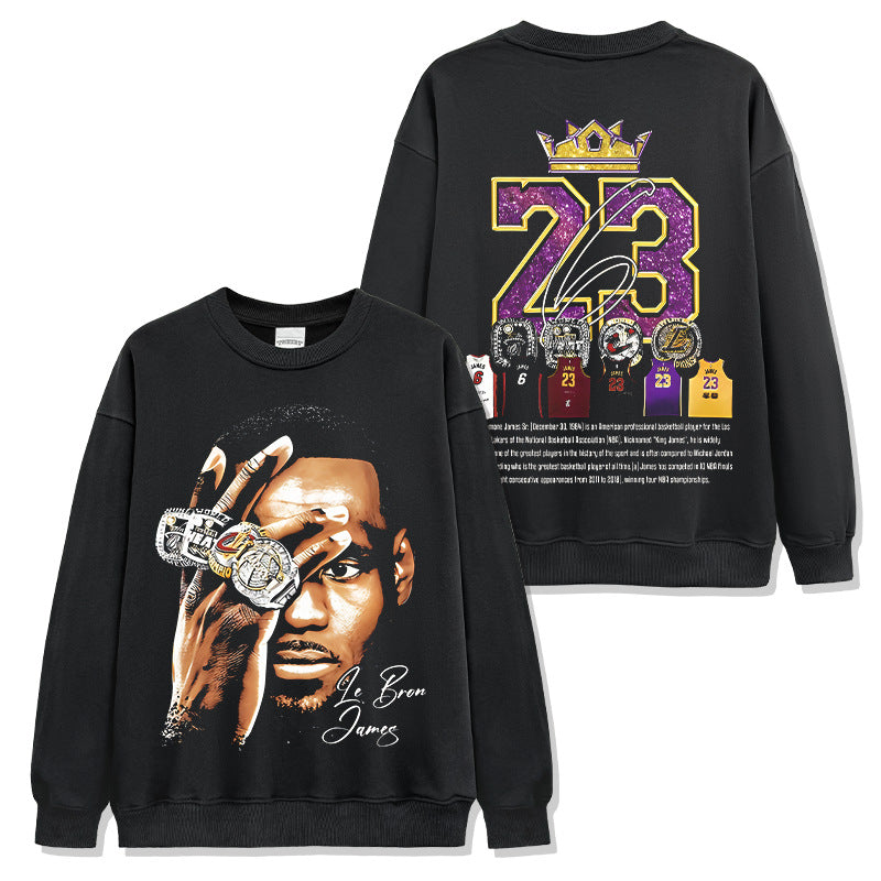 James LeBron James Printed Short Sleeve T-Shirt Washed Crew Neck Long Sleeve Hooded Sweater Men