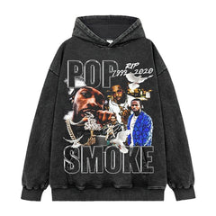 Pop Smoke Print Short Sleeve T-Shirt Washed Long Sleeve Crew Neck Hooded Sweater