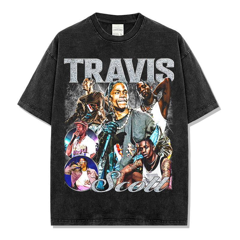 Hip Hop TRAVIS SCOTT Printed Short Sleeve T-Shirt Washed Long Sleeve Loose Casual Hooded Sweater