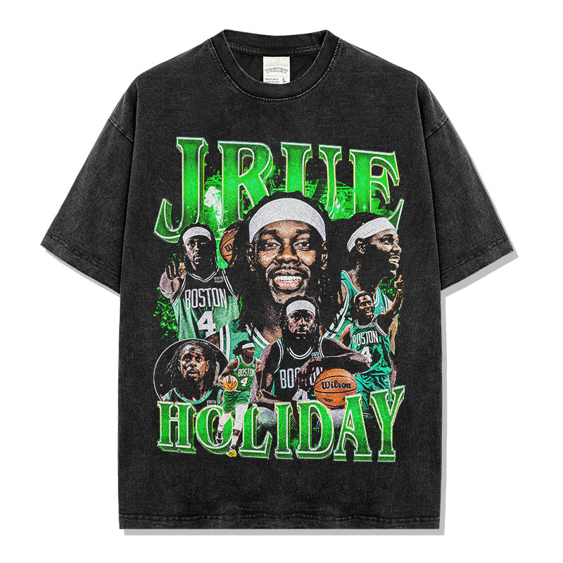 Vintage Halle Wear Holiday Printed Short Sleeve T-Shirt Washed Casual Long Sleeve Crew Neck Hooded Sweater