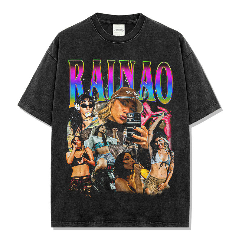 Vintage trendy RaiNao printed short-sleeved t-shirt washed and old long-sleeved loose hooded sweater