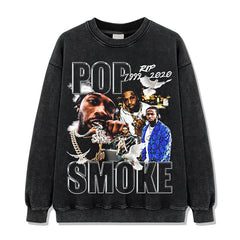 Pop Smoke Print Short Sleeve T-Shirt Washed Long Sleeve Crew Neck Hooded Sweater