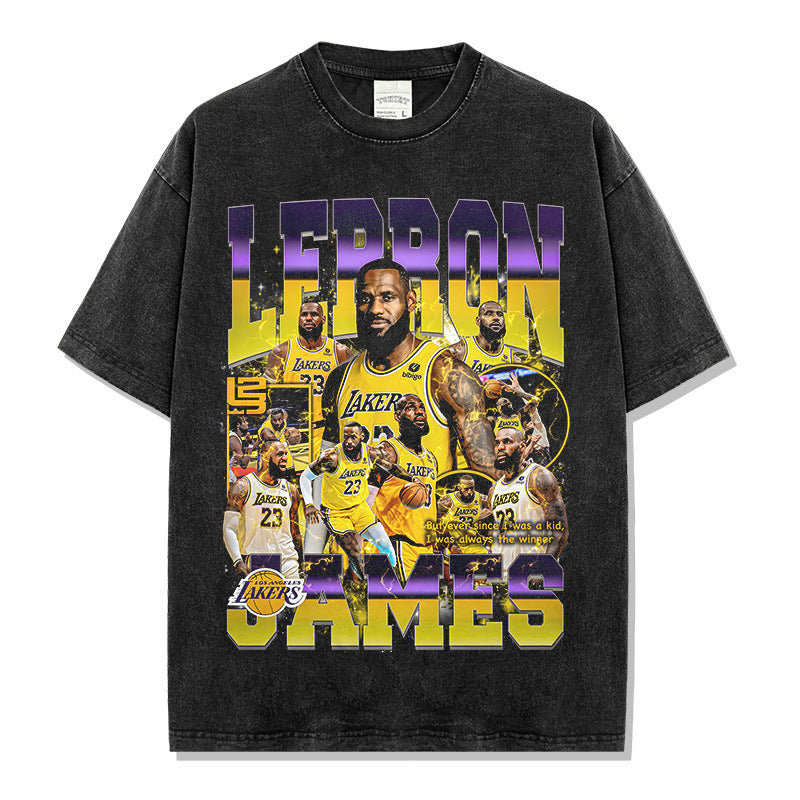 James James Printed Short Sleeve T-Shirt Washed Long Sleeve Crew Neck Loose Casual Hooded Sweater Men