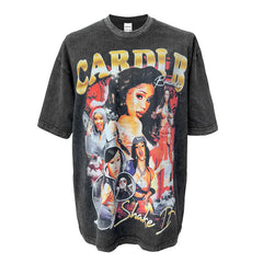 Vintage Cardi B Cardi B Printed Short Sleeve T-Shirt vintage washed heavy cotton tide t