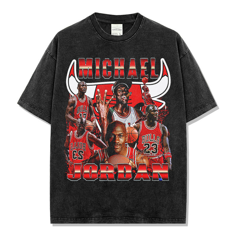 MJ Printed T-Shirt Vintage Washed Old Loose Heavy Crew Neck Short Sleeve ins