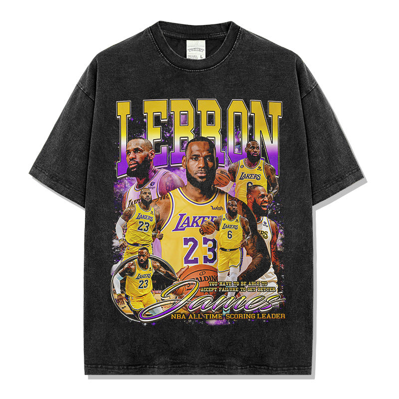 Vintage James James Printed Short Sleeve T-Shirt Washed Long Sleeve Crew Neck Loose Hooded Sweater Men