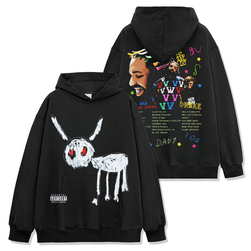 Hip Hop Drake DRAKE Double Sided Printed Short Sleeve T-Shirt Washed Long Sleeve Loose Hooded Sweater