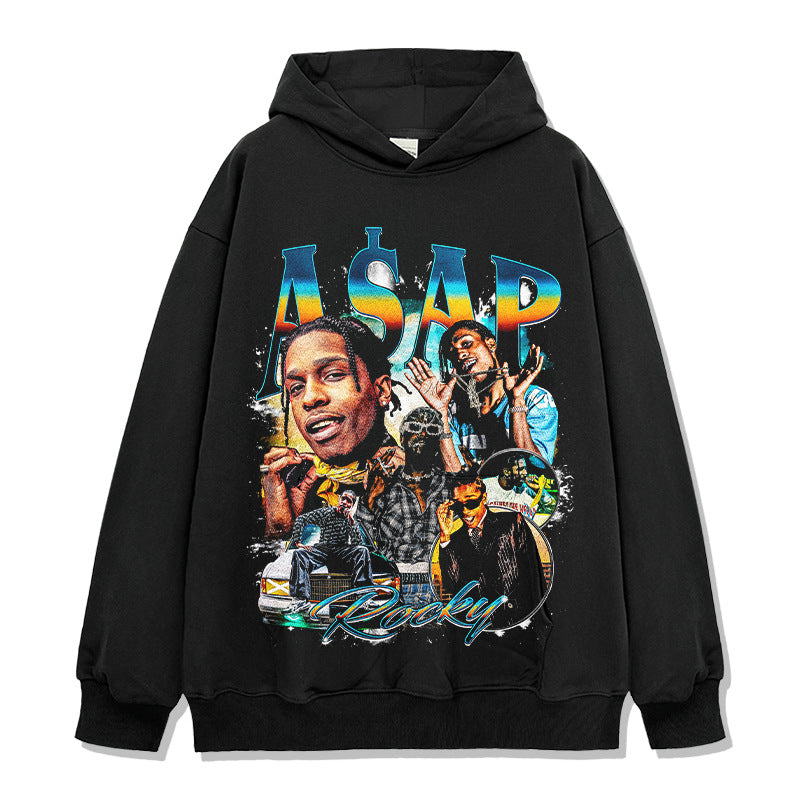 Hip Hop A $AP Rocky Printed Short Sleeve T-Shirt Washed Long Sleeve Loose Blockbuster Hooded Sweater Men