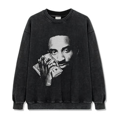 Vintage Celebrity KOBE Printed Short Sleeve T-Shirt Washed Long Sleeve Loose Casual Crew Neck Hooded Sweater