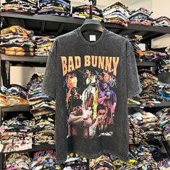 Vintage Hip Hop Bad Bunny Print Hiphop High Street Short Sleeve T-Shirt Washed Heavy Small Neckline
