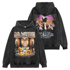 Hip Hop Lil Wayne Print Wash Short Sleeve T-Shirt Casual Crew Neck Hooded Sweatshirt Men