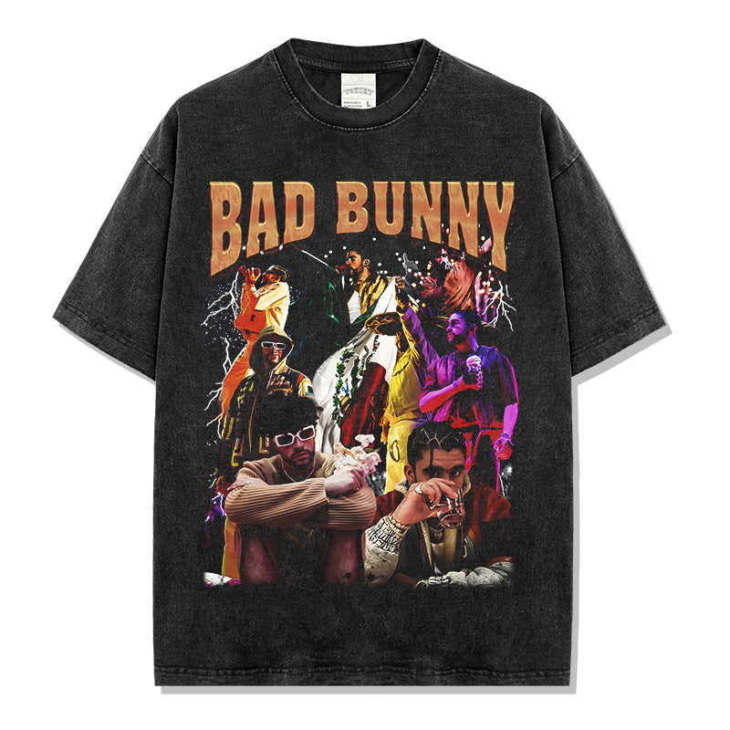 Vintage Hip Hop Bad Bunny Print Hiphop High Street Short Sleeve T-Shirt Washed Heavy Small Neckline