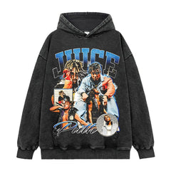 Hip Hop JUICE WRLD Printed Short Sleeve T-Shirt Washed Long Sleeve Loose Casual Hooded Sweater Men