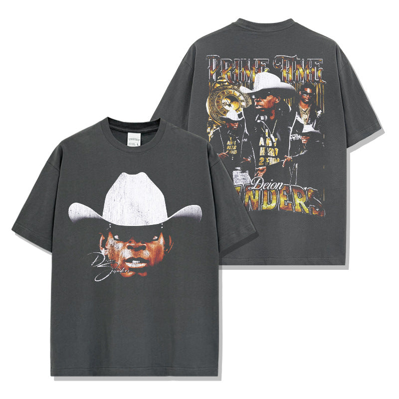 Deion Sanders Printed Short Sleeve T-Shirt Washed Long Sleeve Loose Hooded Sweater Men