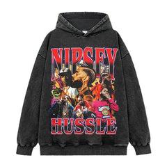 Vintage Hip Hop Nipsey Hussle Printed Short Sleeve T-Shirt Washed Long Sleeve Loose Hooded Sweater