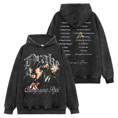 Hip Hop Drake Double Sided Printed Washed Short Sleeve T-Shirt Crew Neck Loose Hooded Sweater