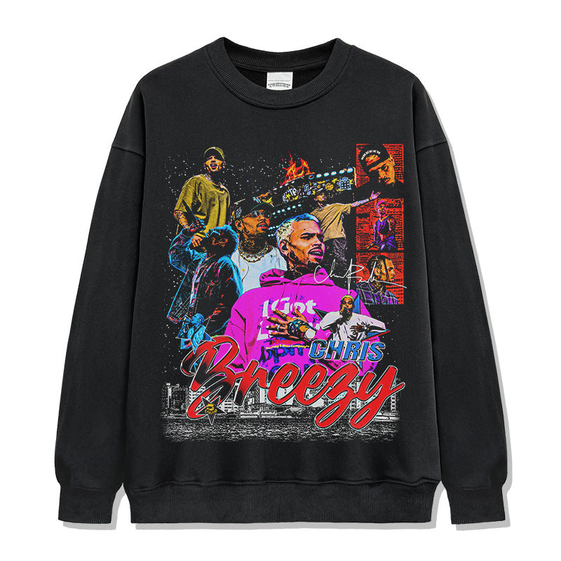 Vintage Chris Brown Printed Short Sleeve T-Shirt Washed Loose Heavy Cotton Small Neckline Tide T