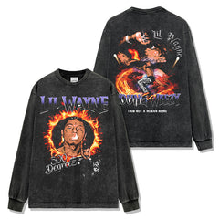 Hip Hop Lil Wayne Printed Washed Short Sleeve T-Shirt Crew Neck Loose Hooded Sweater