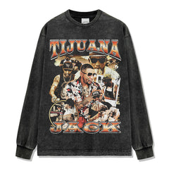 Hip Hop Tijuana Jack Printed Short Sleeve T-Shirt Washed Long Sleeve Loose Heavy Hooded Sweater